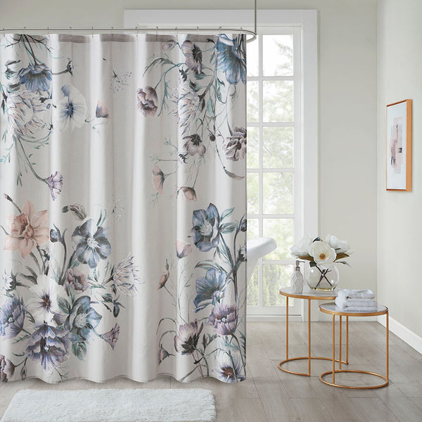 JLA Home Madison Park - Printed Cotton Shower Curtain with Vintage Floral Percale, OEKO-TEX Certified, Soft Romantic Draped 72x72 Blue MP70-7842