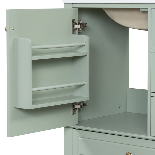 English Elm Christopher Knight Home® - 30" Freestanding Bathroom Vanity with Ceramic Sink, Soft-Close Door, Gold Knobs & 3 Drawers, Durable Painted Finish Light Green N759P225994G