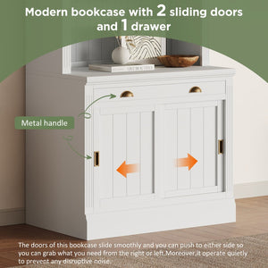 English Elm 83.4"tall Bookcase with Led Shelves Sliding Doors Open Storage Modern White N751S379858K