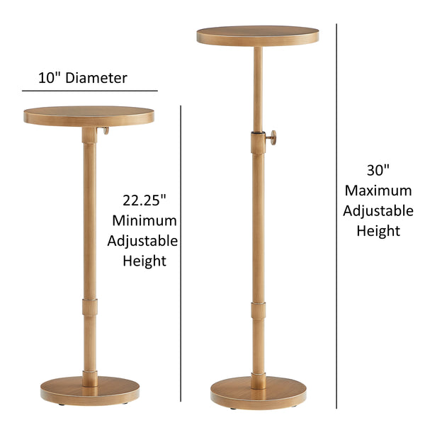 English Elm Morven Adjustable Height Accent Table in Antique Brass — Sleek Round Top, Pedestal Base, 22.25–30" B050P364440