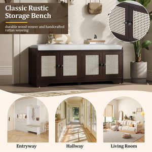 English Elm TREXM Rustic Storage Bench with Woven Rattan Doors, Removable Cushion & Adjustable Shelves for Entryway Home Organizing Beige,Espresso N715P308013P