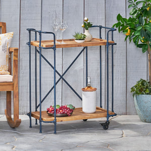 English Elm Christopher Knight Home® - EDEN Rustic Blue-Brown Plummers Bar Cart with Firwood Shelves & Iron Frame, Mobile 2-Tier Serve 56503.00