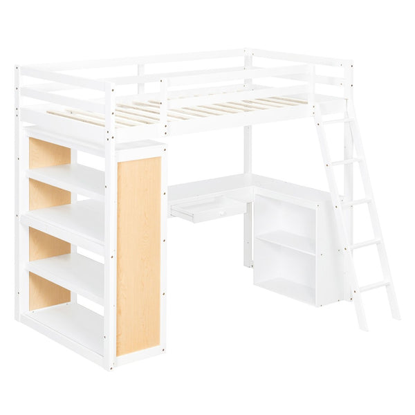 English Elm Twin Loft Bed with Built-in Desk Shelves and Drawer White Pine Study Zone LT100225AAK-1