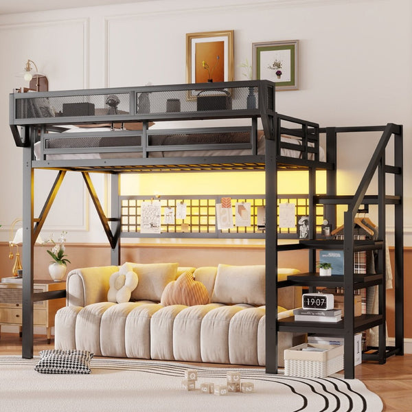 English Elm Full Metal Loft Bed with Stairs Wardrobe Rgb Lighting and Storage for Teens W2580S00066