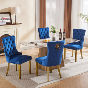 English Elm Mid-Century Velvet Dining Chair with Lion Head Pull Ring, Tufted Solid Wood Seat, Gold Legs Blue W1143P193169