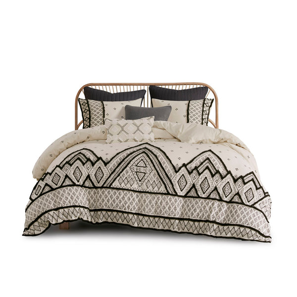JLA Home INK+IVY - 3 Flax-Cotton Duvet Cover Set with Black Diamond Print, Chenille Trim, Breathable Modern-Boho Texture 92 L x 104 W x 0.13H II12-1111