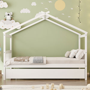 English Elm Twin House Bed Solid Pine Cottage Frame with Pull Out Trundle for Kids Bedroom White N708P309238K