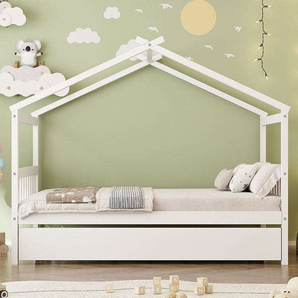 English Elm Twin House Bed Solid Pine Cottage Frame with Pull Out Trundle for Kids Bedroom White N708P309238K