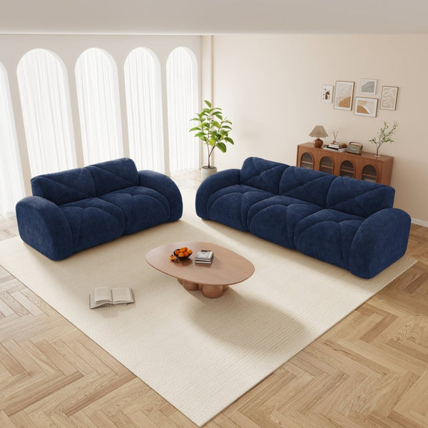 English Elm Three Seater Chenille Sofa with Ottoman Solid Wood Base Tufted Arms Living Room Blue W714S01644