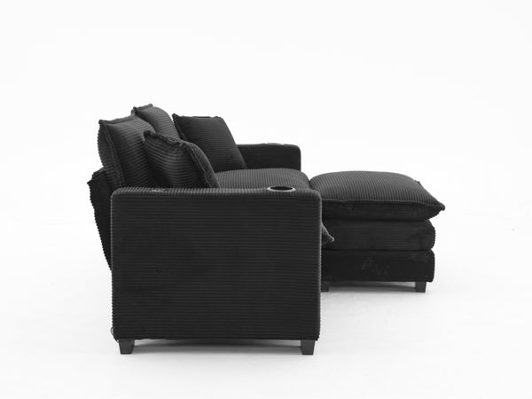 English Elm L Shape Sofa Couch With Usb Charging, Cup Holder, Stylish Corduroy Fabric, Compact 2-Seater With Ottoman W2100S00139