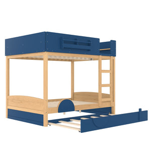 English Elm Full Bunk Bed with Trundle Bookshelf Storage Pine Frame Car Design for Kids Blue,Natural W1580S00445
