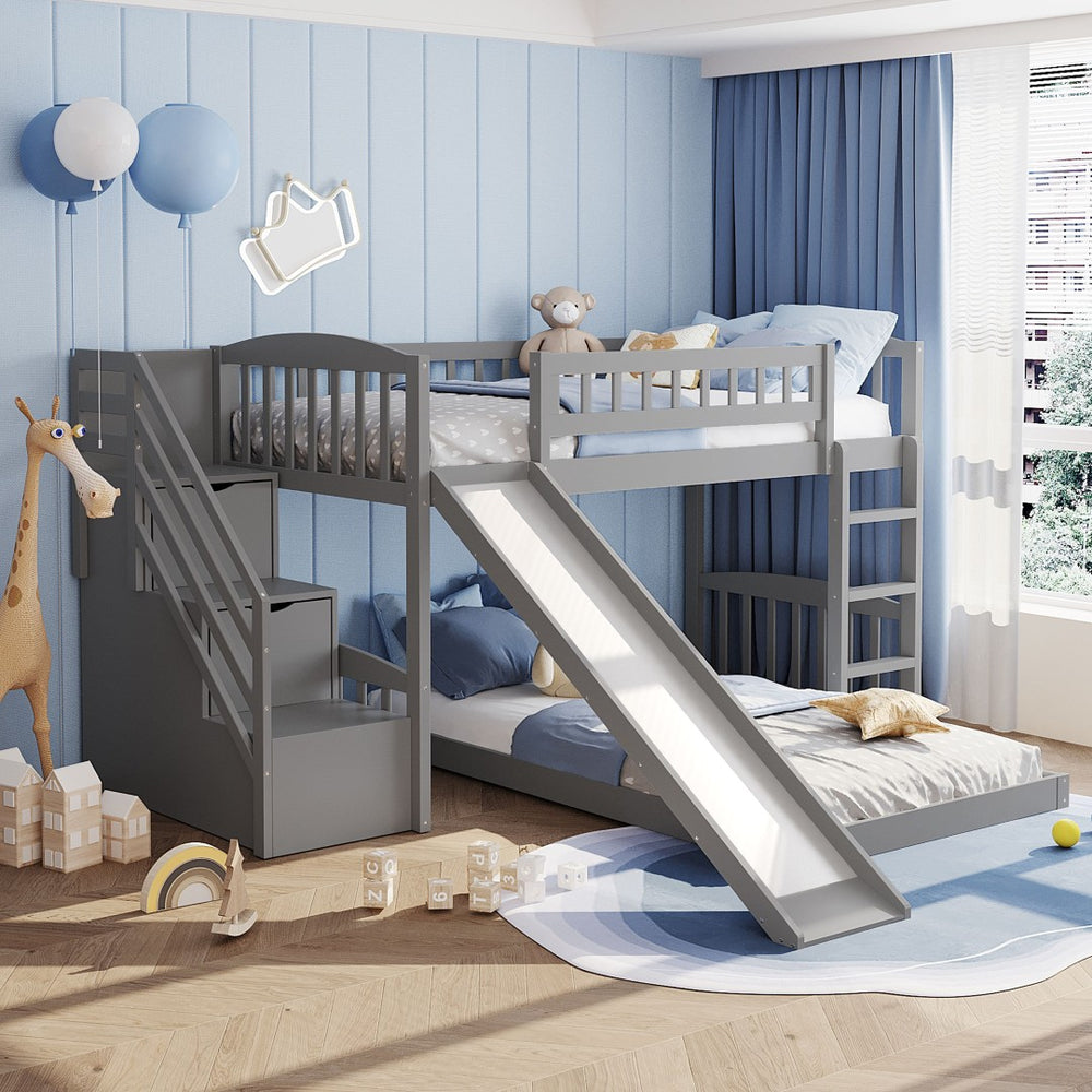 English Elm Stairway Twin Bunk Bed with Slide Storage Drawers and Safe Staircase for Kids LT200156AAE