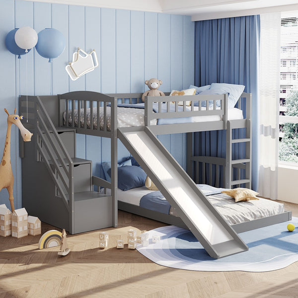 English Elm Stairway Twin Bunk Bed with Slide Storage Drawers and Safe Staircase for Kids LT200156AAE