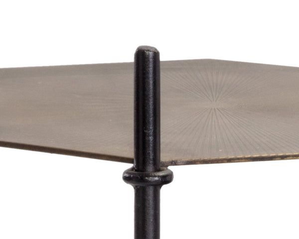 Sunpan Hexall Side Table – Industrial Chic with Hexagonal Shelves, Antique Brass & Black Marble Elegance