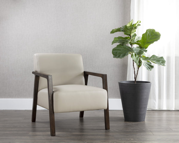 Sunpan Neymar Lounge Chair - Luxurious Italian Leather in Linea Light Grey with Dark Oak Frame, Timeless Design