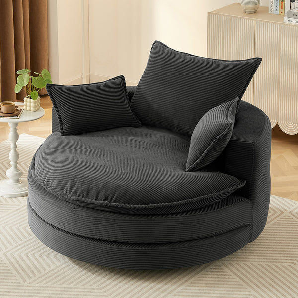 English Elm 360° Oversized Swivel Lounge Chair with 38" Deep Seat Dual-Layer Cushion Corduroy Accent Pillows Black N719S002100B