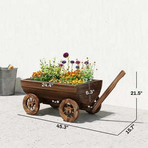 English Elm Small Carbonized Fir Rolling Garden Planter Cart Elevated Wheeled Farmhouse Wheelbarrow T3971P459764