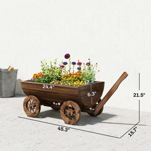 English Elm Small Carbonized Fir Rolling Garden Planter Cart Elevated Wheeled Farmhouse Wheelbarrow T3971P459764