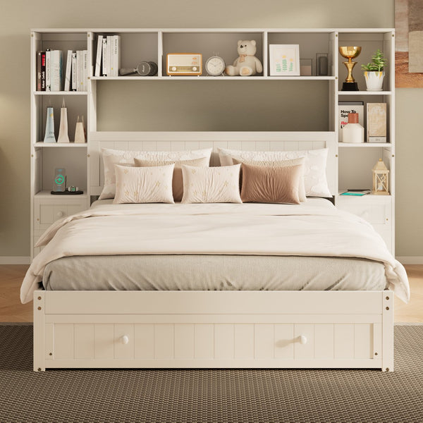English Elm Queen Pine Wood Platform Bed with Built-In Nightstands, 2 Charging Stations, 3 Drawers & Storage BS701P286275K