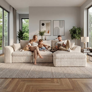 English Elm Modular Cloud Sectional Corduroy Sofa with Reversible Chaise and Memory Foam Comfort Beige White W5638S00005