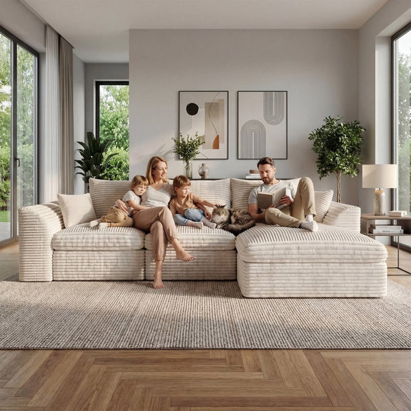 English Elm Modular Cloud Sectional Corduroy Sofa with Reversible Chaise and Memory Foam Comfort Beige White W5638S00005