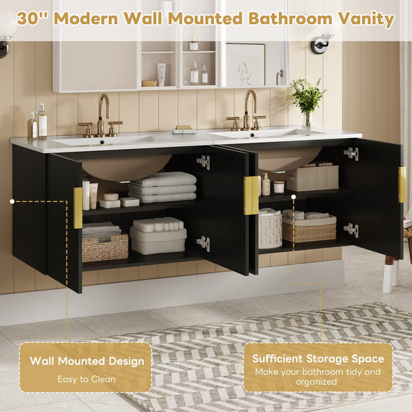 English Elm 60" Vintage Bathroom Vanity with Ceramic Sink Wall-Mount Modern Striped Design Durable MDF Wood Finish Black N710SS00010B