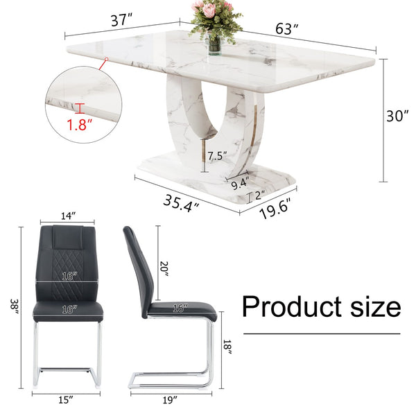 English Elm Table Marble-Pattern Mdf Dining Set – Modern 63"X37" Table With 4 Ergonomic Black Pu Chairs W1151S02183-GIGA