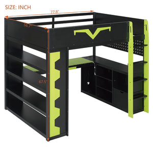 English Elm Full Size Gaming Loft Bed with Desk Rgb Lighting Power Outlet and Storage Drawer Green LT000285AAF