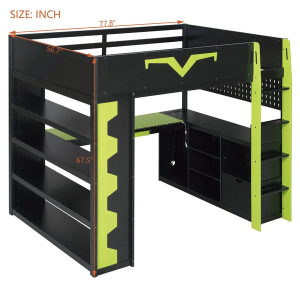 English Elm Full Size Gaming Loft Bed with Desk Rgb Lighting Power Outlet and Storage Drawer Green LT000285AAF