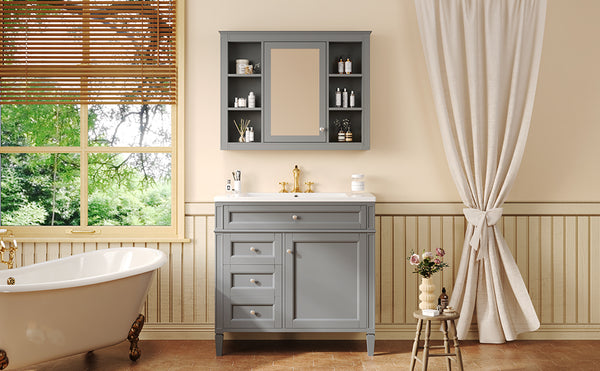 English Elm 36'' Modern Bathroom Vanity With Medicine Cabinet, Soft-Close Doors, 4 Drawers & Ceramic Sink Set SW000134AAE-1