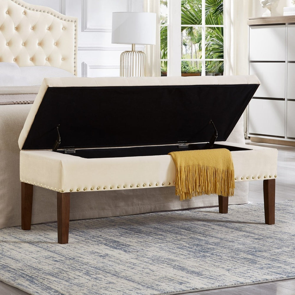 English Elm Tufted Velvet Storage Bench with Nail Head Trim Lift Top Lid for Bedroom Entryway Cream W2186P262477