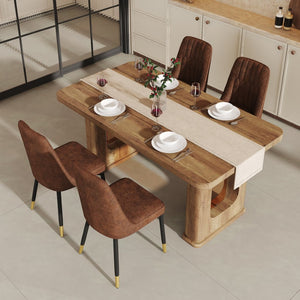 English Elm Table Set: Stylish 64.5" Wood-Textured Dining Table With 4 Brown Techno-Fabric Chairs For Modern Homes W1151S03576-GIGA