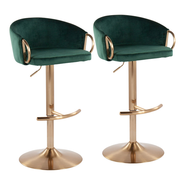 English Elm Claire Chic Adjustable Velvet Bar Stool Set of 2 with Gold Metal Base, Swivel, Rounded T Footrest Green B202S00768