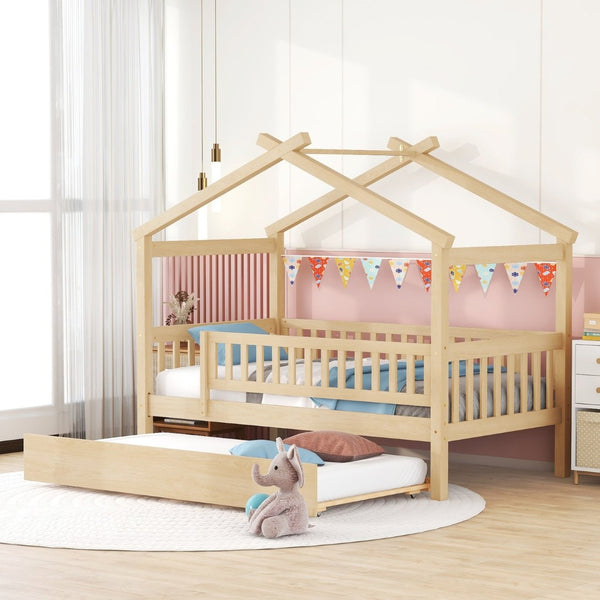 English Elm Twin House Bed with Trundle Solid Pine Frame Walnut Kids Bedroom Sleepover N708P357115N