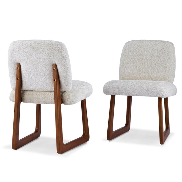 English Elm Dining Chair Set of 2 Boucle Upholstered with Sculptural Curved Wooden Legs N779P370775B