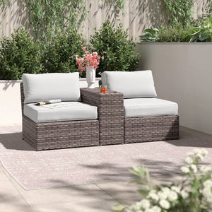 English Elm Fully Assembled 2-Person Wicker Seating Set With Cushions, Central Table & Weather-Resistant Design B120S00034