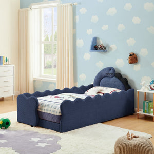 English Elm Twin Dinosaur Boucle Upholstered Kids Bed Solid Wood Frame with Padded Safety Rails Navy Blue W1413P384919