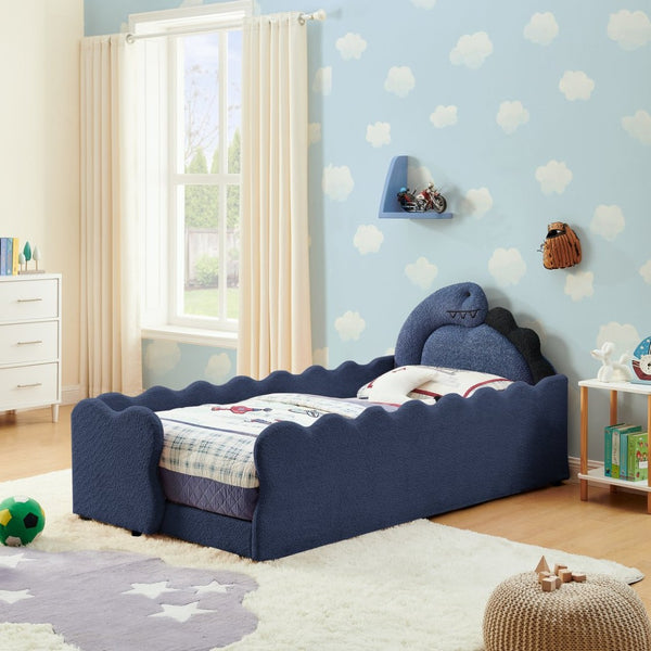 English Elm Twin Dinosaur Boucle Upholstered Kids Bed Solid Wood Frame with Padded Safety Rails Navy Blue W1413P384919
