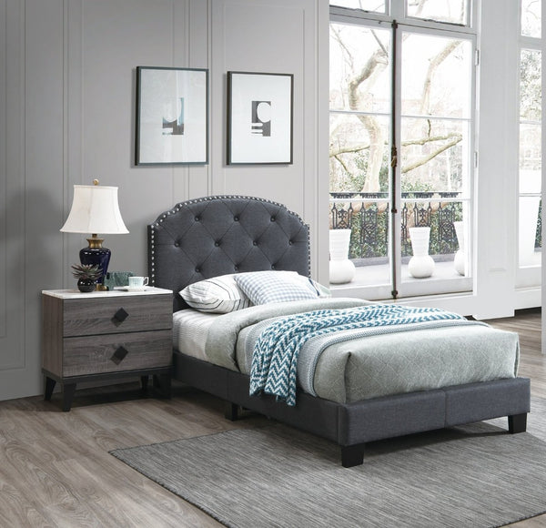 English Elm Light Gray Burlap Upholstered Twin Bed with Button Tufted Headboard and Nailhead Trim Charcoal B011P415174