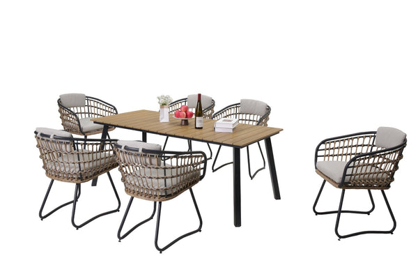 English Elm 7-piece Outdoor Wicker Dining Set Scandinavian Steel Frame Acacia Wood Grain Table W3990S00002