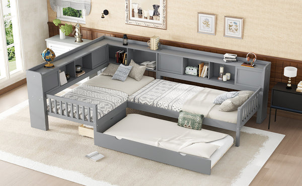 English Elm L-shaped Twin Platform Bed with Trundle, Solid Wood Corner Sleeper with Drawers, Shelves, No Box Spring Needed Grey W1580S00260
