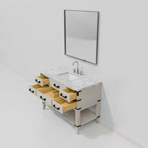 English Elm White Oak Single Bath Vanity With Carrara Marble Top, Chrome Faucet & 46" Mirror - Elegant Design B2731S02108-GIGA