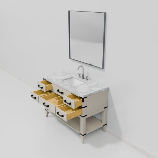 English Elm White Oak Single Bath Vanity With Carrara Marble Top, Chrome Faucet & 46" Mirror - Elegant Design B2731S02108-GIGA