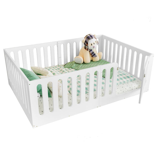 English Elm Twin Solid Pine Montessori Floor Bed with House Frame Door and Safety Fence Light White W5305P420635
