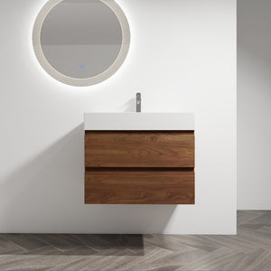 English Elm 30" Wall-Mounted Bathroom Vanity With Resin Sink, Soft-Close Drawers & Eco-Friendly Design Options W999S00200