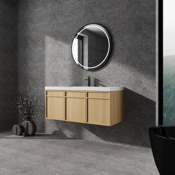 English Elm 48" 54.3" Wall-Mounted Bathroom Vanity with Resin Sink, Original Oak Finish, 3 Soft-Closing Doors, Plywood Construction W1972P315216