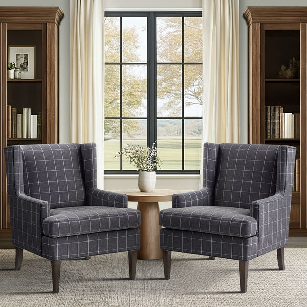 JLA Home Martha Stewart - Plaid Wingback Armchair with Windowpane Upholstery, Removable T-Cushion, Tapered Wood Legs, Farmhouse Elegance MT100-0106
