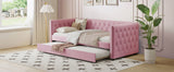 English Elm Twin Size Tufted Upholstered Daybed With Trundle, Velvet Sofabed With Rivet Design, No Box-Spring Needed,Pink