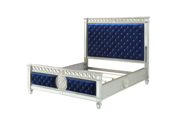 English Elm Varian Queen Bed Blue Velvet Tufted Frame with Mirrored Panels Geometric Glam Detail B2726S00575
