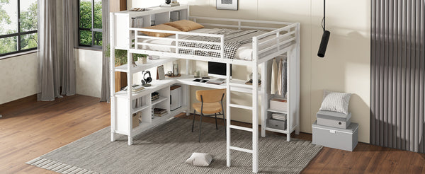 English Elm Metal Queen Size Loft Bed With L-Shaped Desk, Storage Cubes & Shelves For Kids, Teens & Adults W1580S00108
